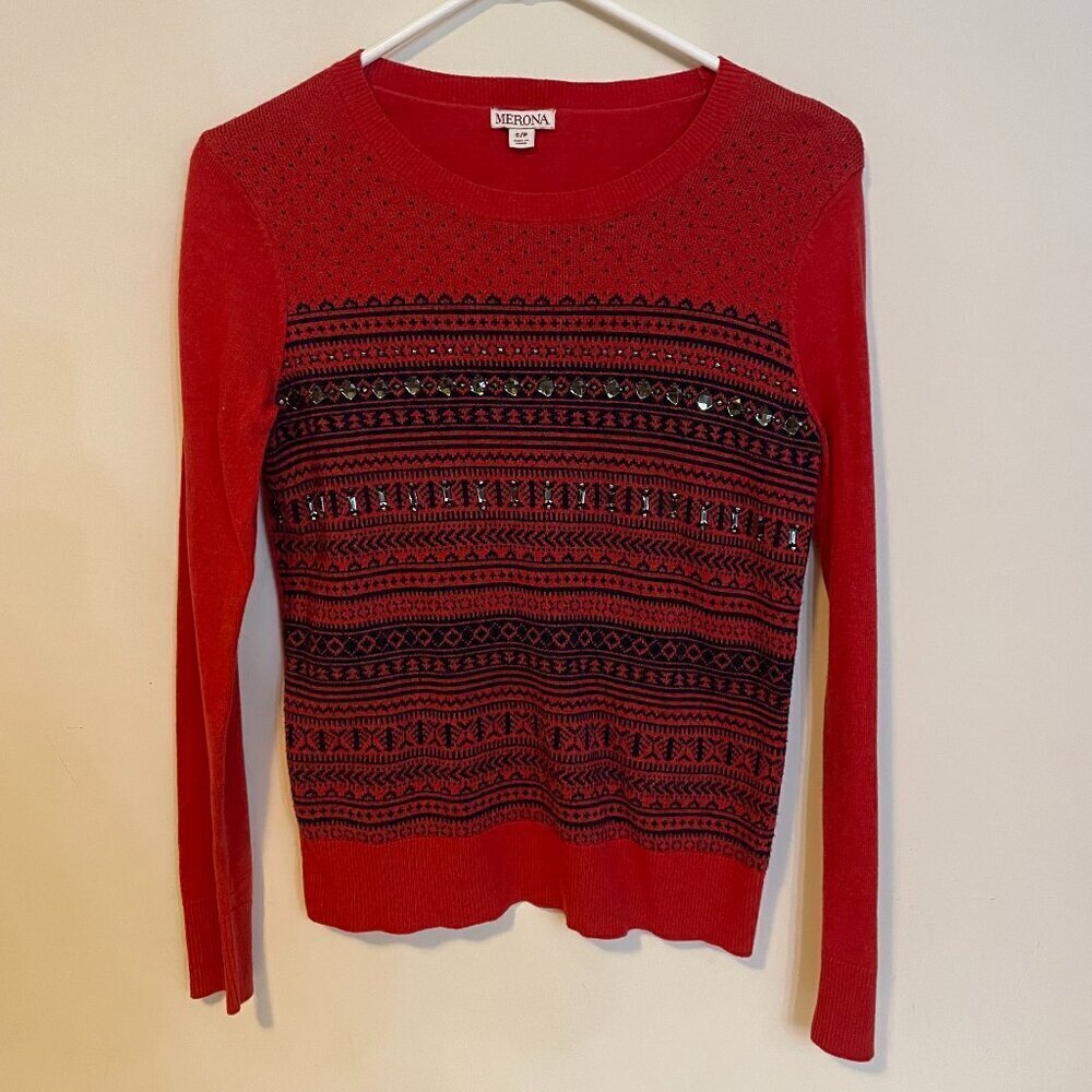 Womens Merona Cowl Crew Neck Sweater Red Sequin Geometric Stripes Size Small